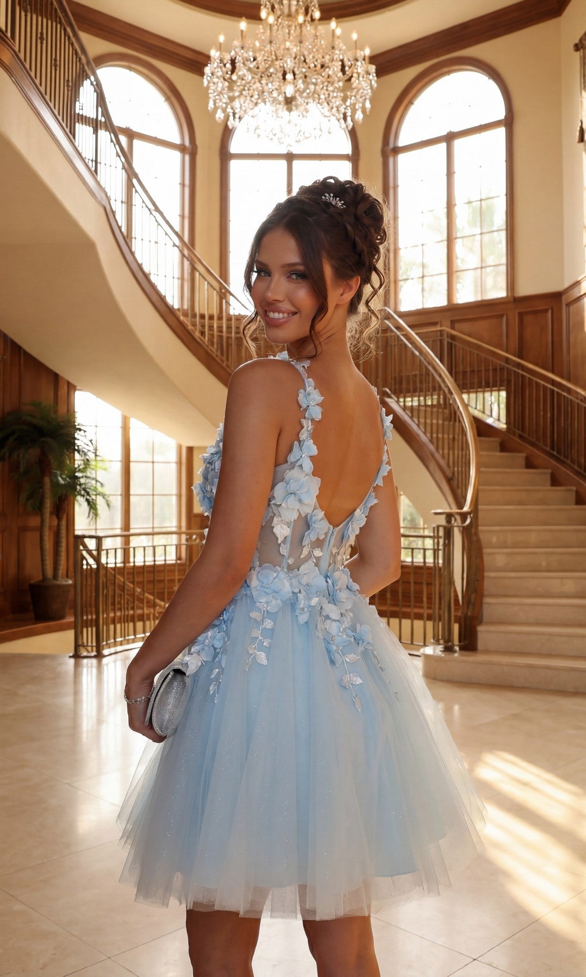 A woman wears the Floral-Bodice Short Babydoll Homecoming Dress C321, standing on marble flooring in an elegant foyer with a grand staircase and large windows.